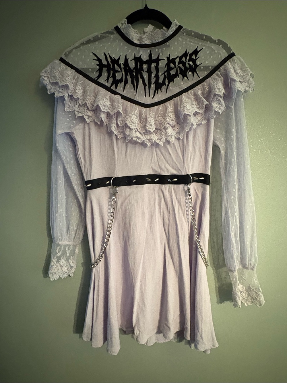 Dolls Kill Current Mood Heartless Lace Lavender Dress with Stud and Chain Detail
